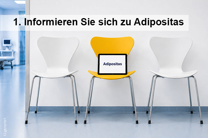 Verlinktes Bild zu Adipositas-Informationen mit Wartebereich Spital mit 3 Stüheln, mittlerer in Gelb mit Tablet