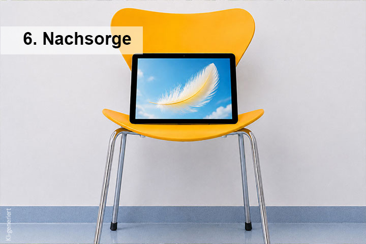 Verlinktes Bild zu Nachsorge mit gelbem Stuhl und Tablet, das eine fliegende gelbe Feder zeigt